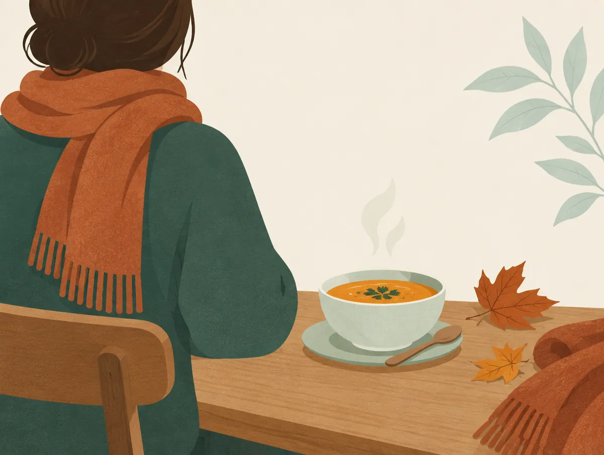 Illustration: Autumn leaves, a warm scarf and a bowl of soup on a table