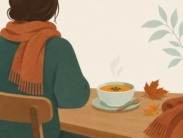 Illustration: Autumn leaves, a warm scarf and a bowl of soup on a table
