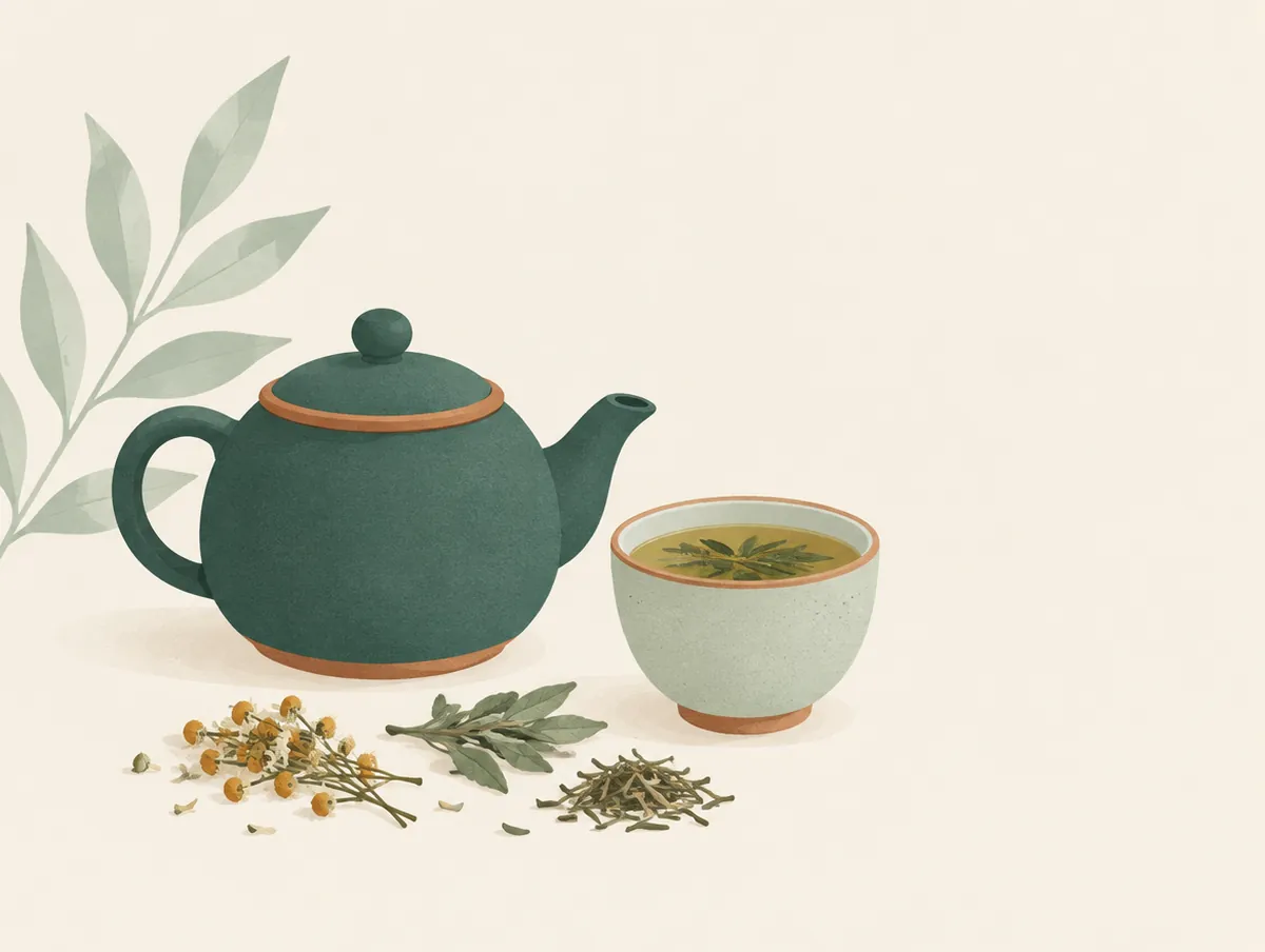 Illustration: A small ceramic teapot and cup of herbal tea beside a few dried herbs