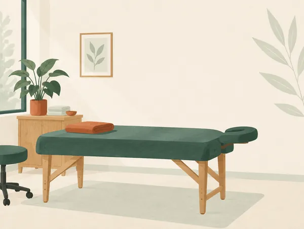 Illustration: A calm treatment room with a padded table, a folded towel and a plant