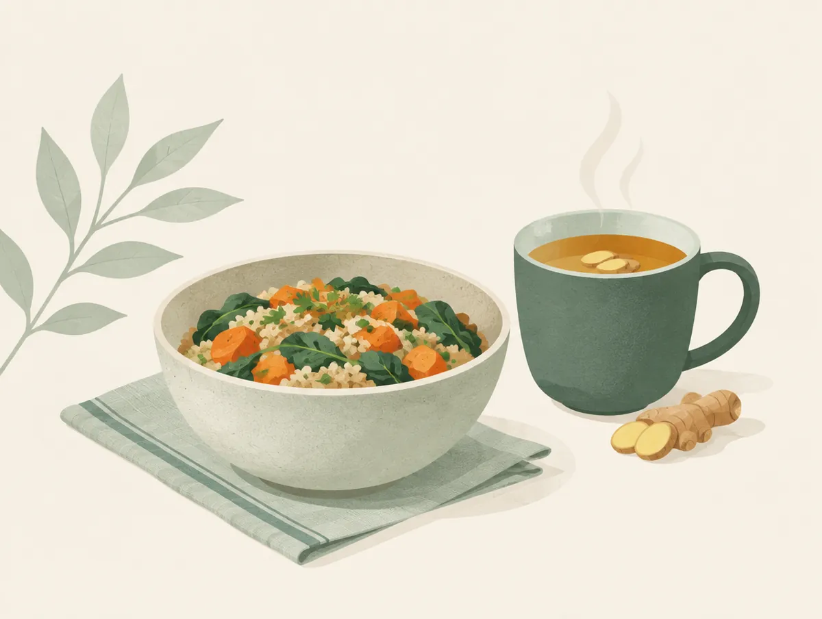 Illustration: A warm bowl of simple cooked food and a cup of ginger tea