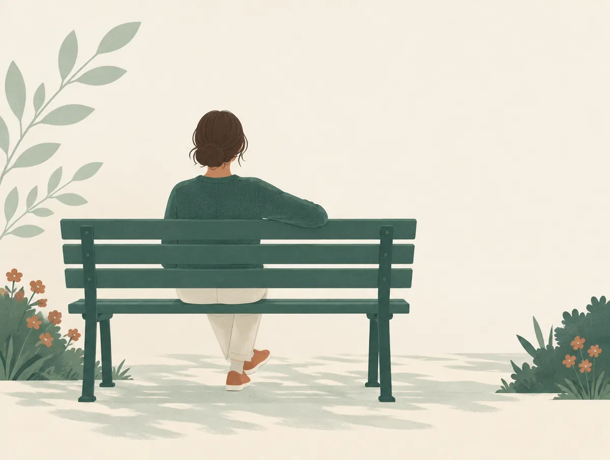 Illustration: A person seen from behind, fully clothed, sitting on a garden bench resting in soft light