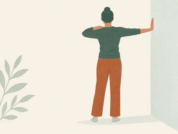 Illustration: A person seen from behind, fully clothed, doing a gentle shoulder stretch against a wall