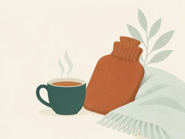 Illustration: A cup of warm tea and a hot water bottle wrapped in a soft cover