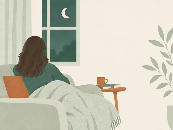 Illustration: A woman seen from behind, fully clothed, resting on a sofa with a blanket, a crescent moon in the window