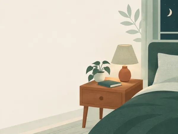 Illustration: A bedside table with a lamp turned low, a book and a small plant at night