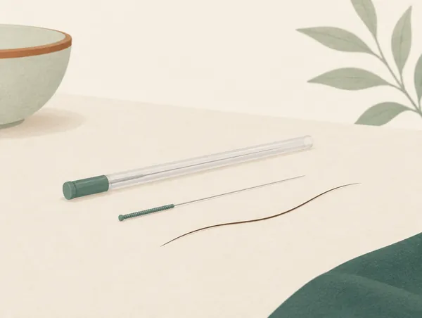 Illustration: A single very fine acupuncture needle in its guide tube lying next to a strand of hair for scale, on a table