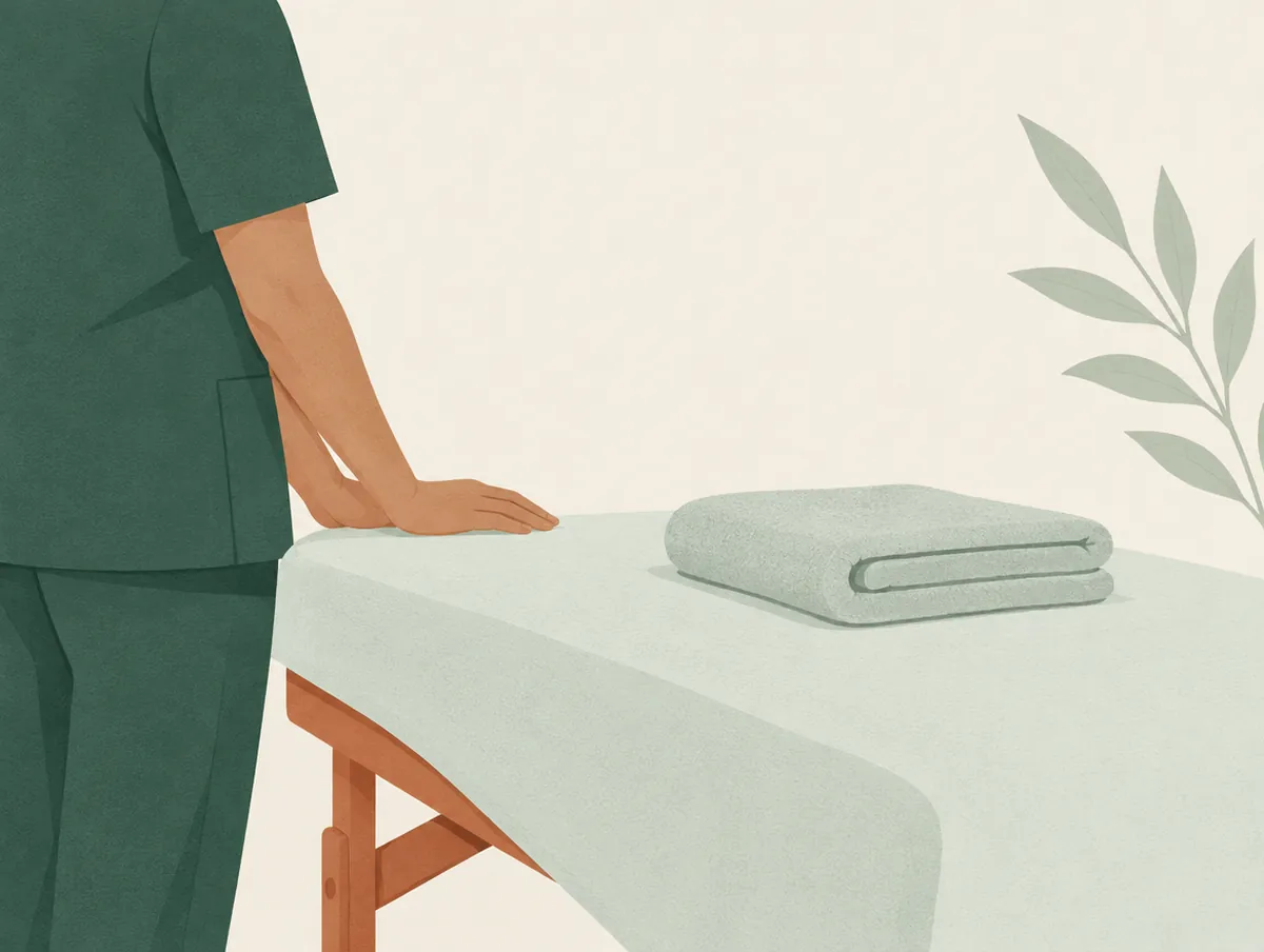 Illustration: A practitioner's hands resting beside a folded towel on a treatment table