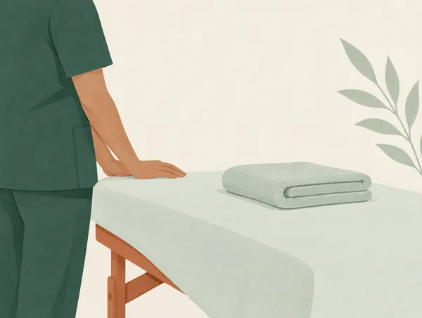 Illustration: A practitioner's hands resting beside a folded towel on a treatment table