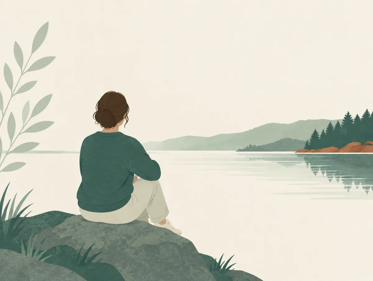 Illustration: A person seen from behind, fully clothed, sitting by a lake breathing calmly