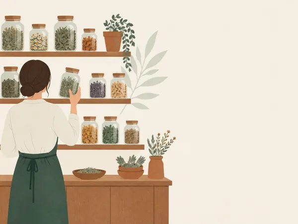 Illustration: Shelves of glass jars filled with dried herbs in a small dispensary