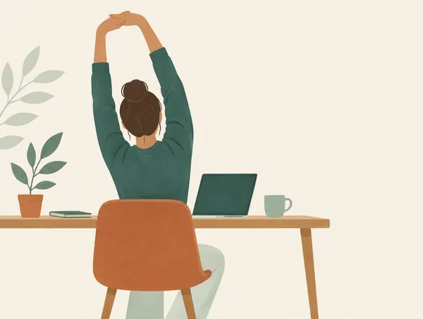 Illustration: A person seen from behind, fully clothed, at a desk stretching their arms overhead