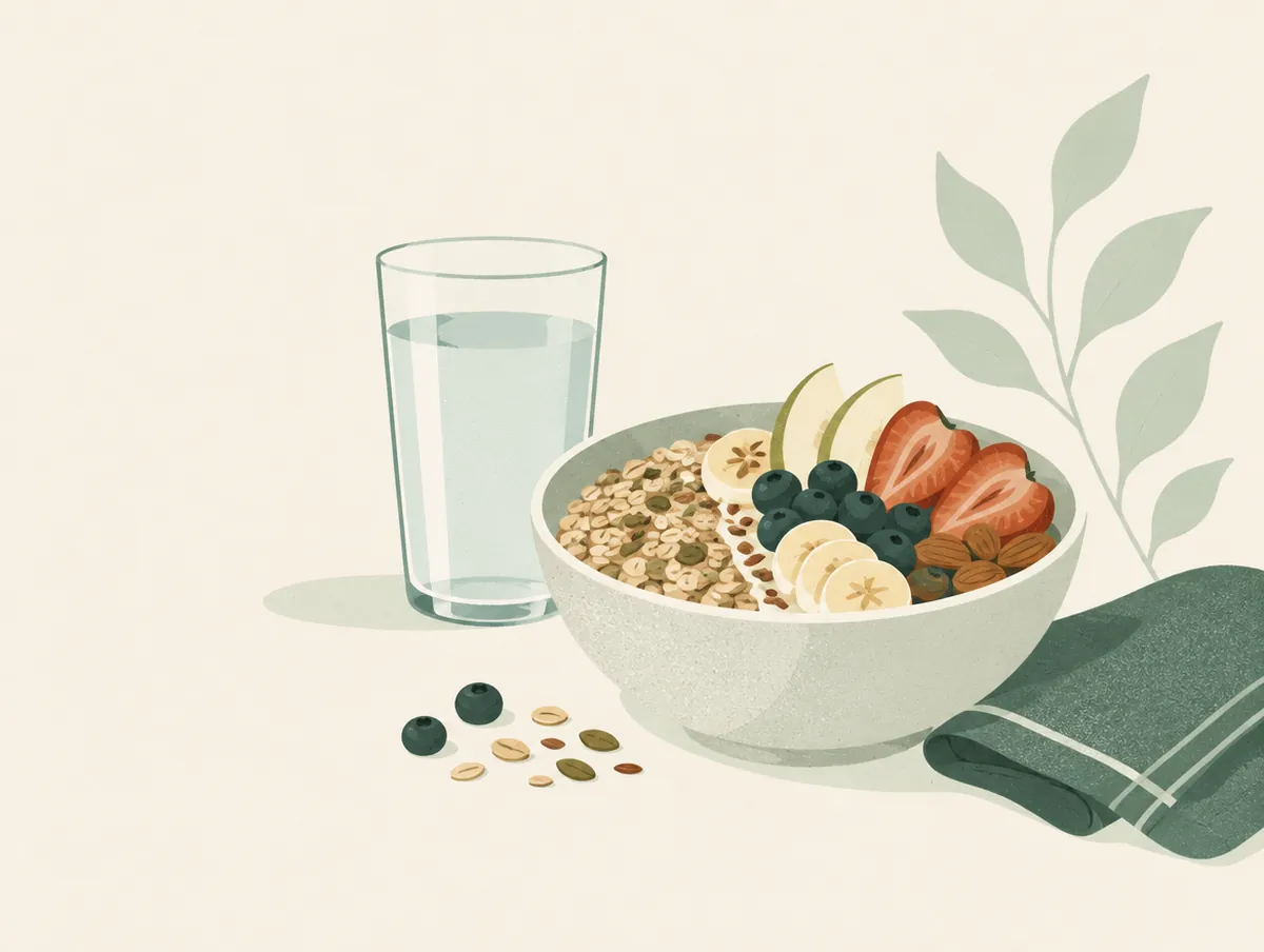 Illustration: A glass of water, a bowl of fibre-rich fruit and whole grains