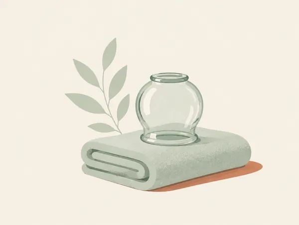 Illustration: A single glass cupping cup resting on a folded towel