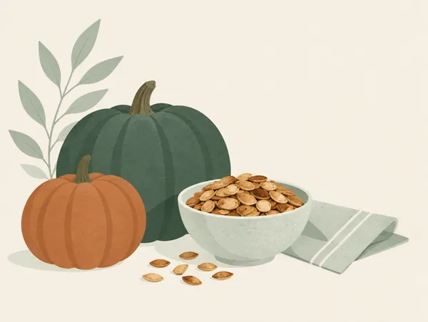 Illustration: Whole pumpkins and a bowl of roasted pumpkin seeds
