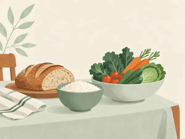 Illustration: A loaf of bread, a bowl of rice and fresh vegetables on a table
