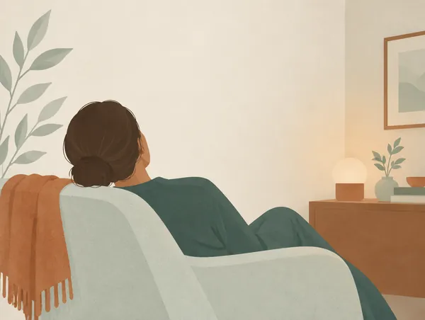 Illustration: A person seen from behind, fully clothed, resting with eyes closed in a quiet dim room