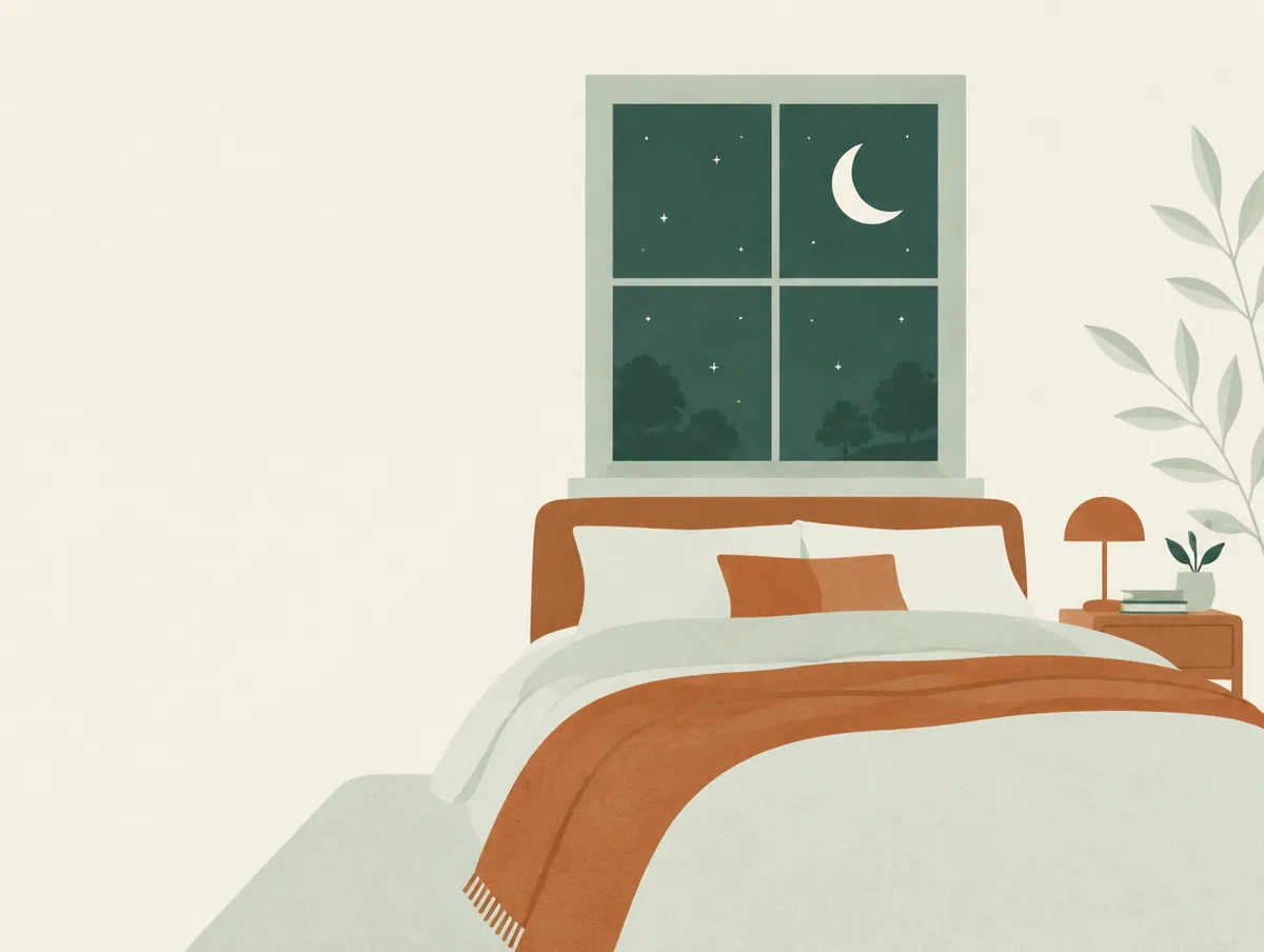 Illustration: A window at night with a crescent moon and stars above a cozy bed