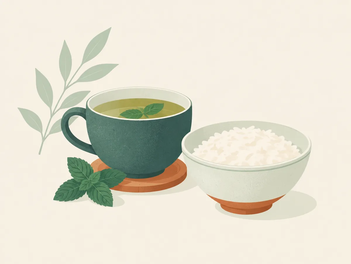 Illustration: A cup of peppermint tea and a bowl of simple rice