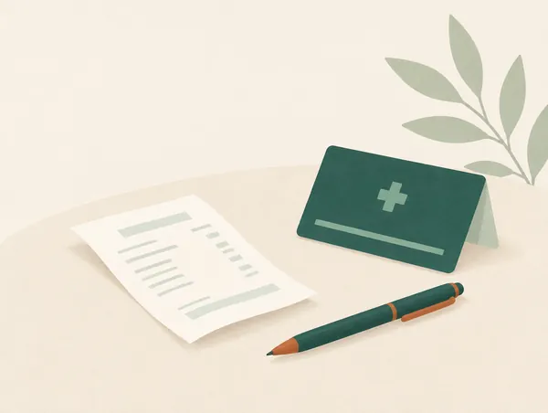Illustration: A receipt, a pen and a folded health card on a table, nothing written legibly
