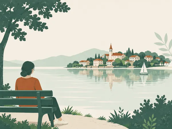 Illustration: A lakeside view of a small town with trees and calm water