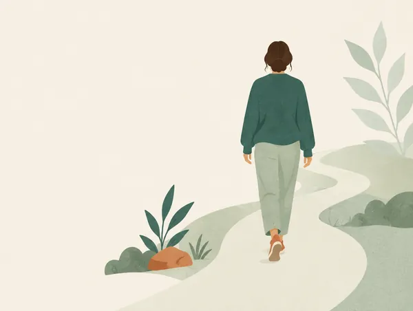 Illustration: A person seen from behind, fully clothed, walking slowly along a path