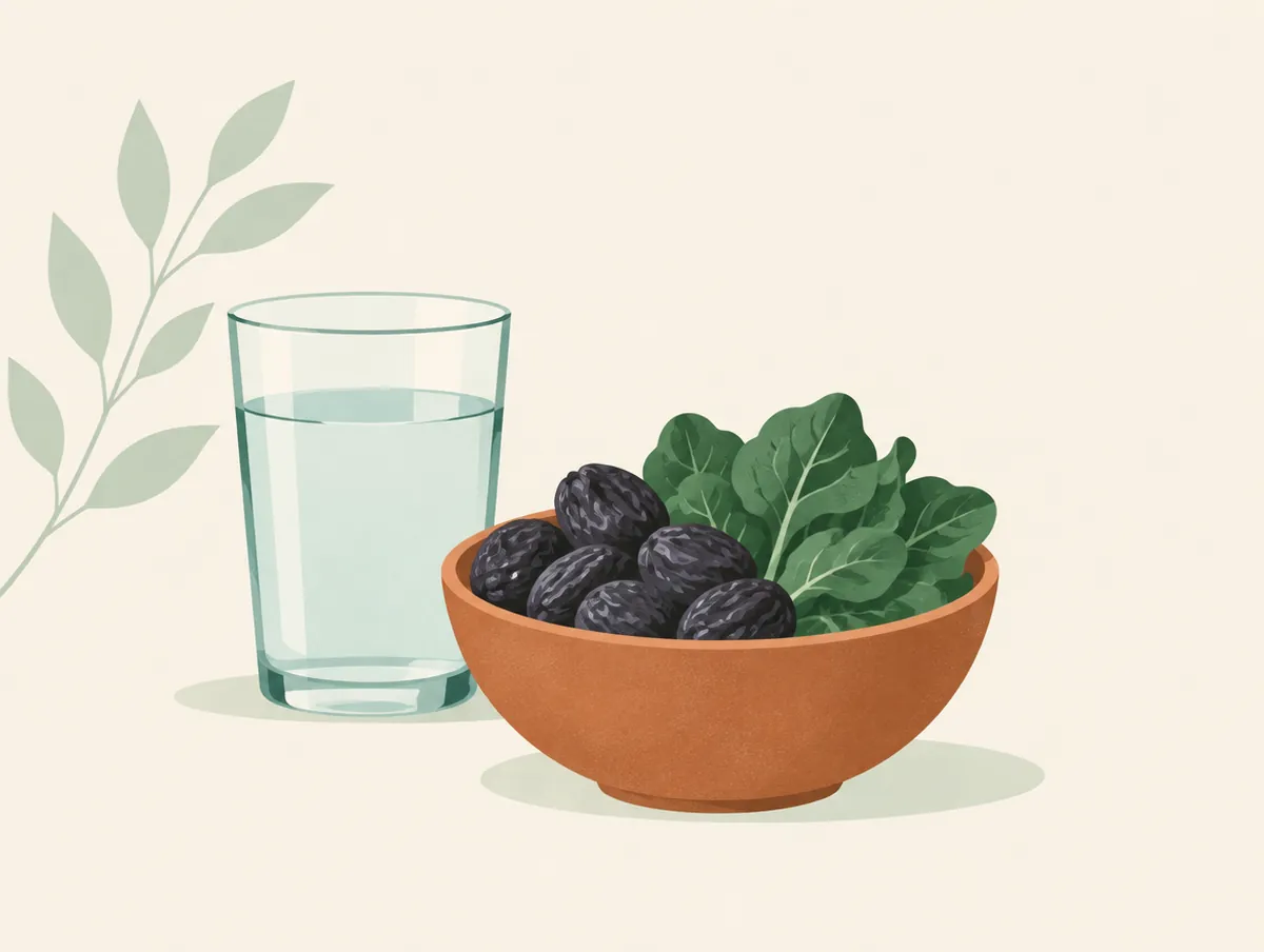 Illustration: A glass of water and a bowl of prunes and leafy greens