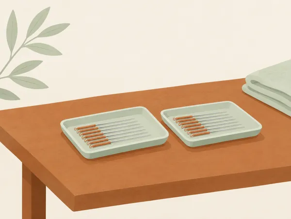 Illustration: Two small trays of acupuncture needles side by side on a table