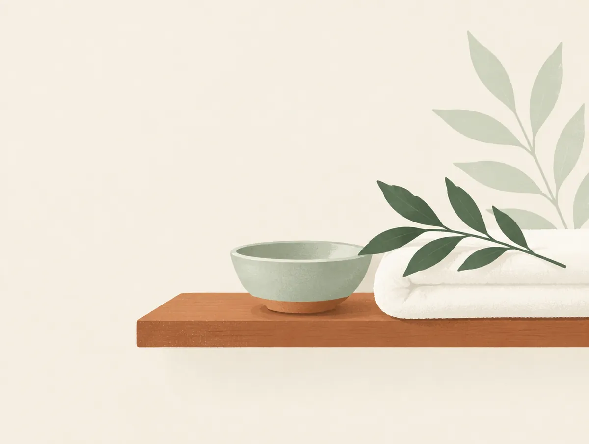 Illustration: A small ceramic dish, a folded white towel and a sprig of leaves on a spa shelf