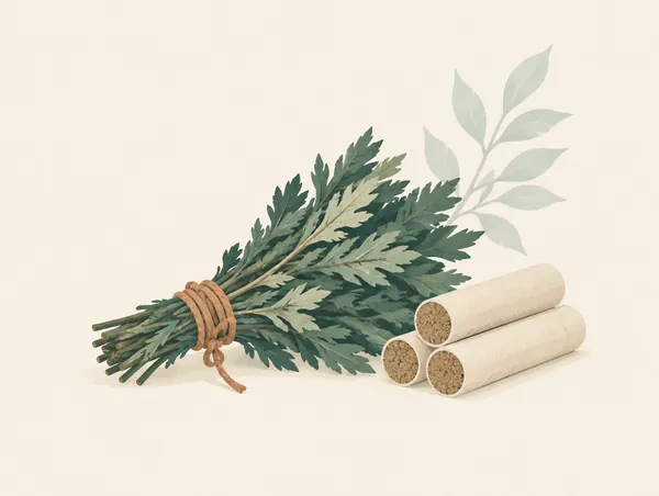 Illustration: Dried mugwort leaves tied in a bundle beside rolled moxa sticks