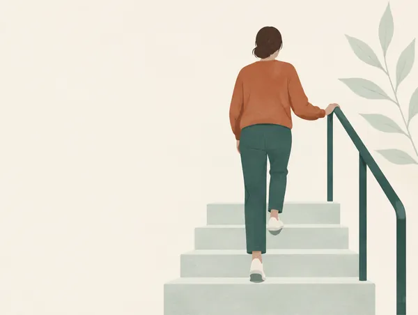 Illustration: A person seen from behind, fully clothed, climbing a few steps with a handrail