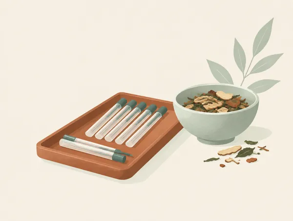 Illustration: A tray of acupuncture needles in guide tubes beside a bowl of dried herbs