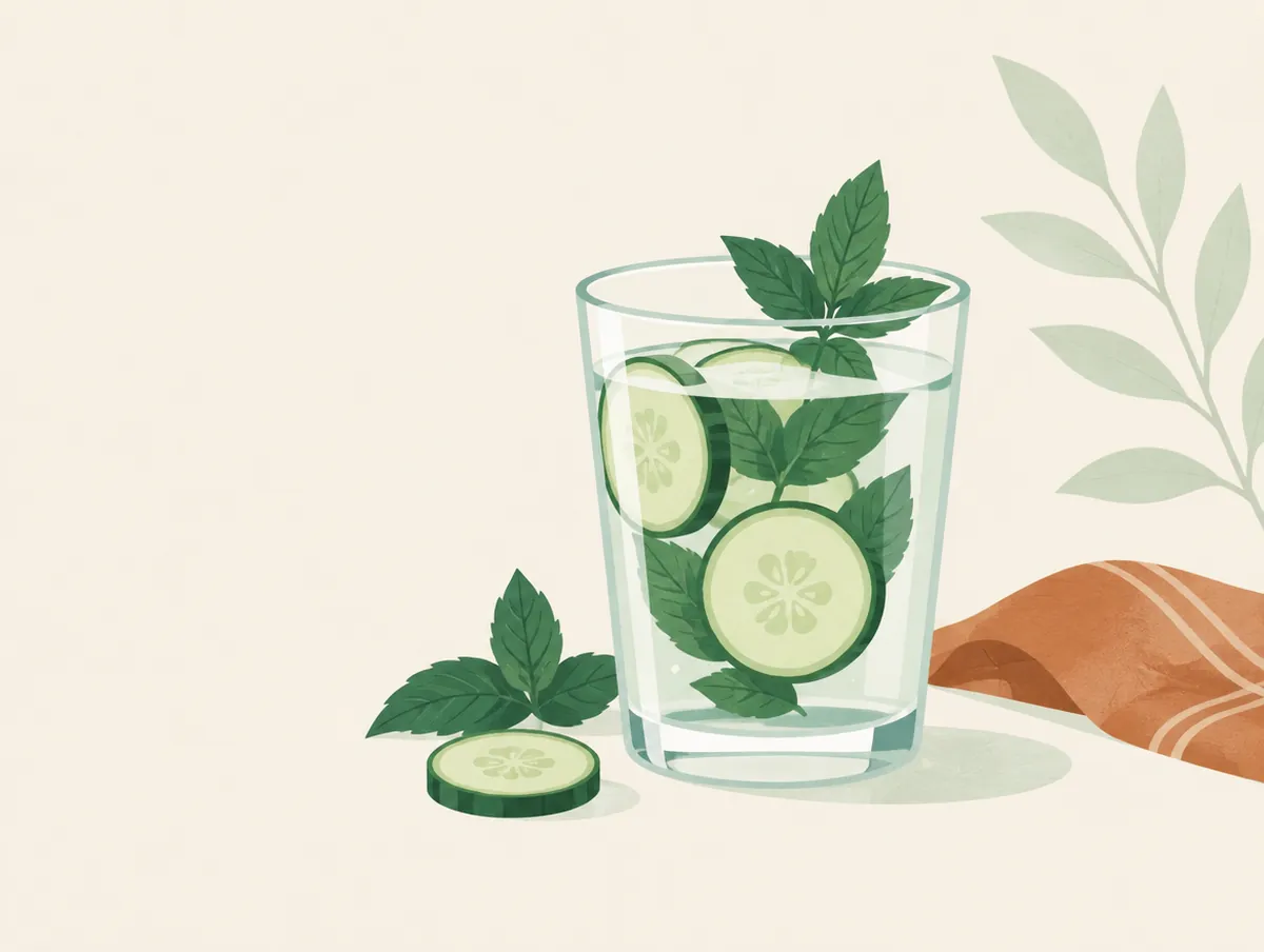 Illustration: A cool glass of water with cucumber slices and fresh mint