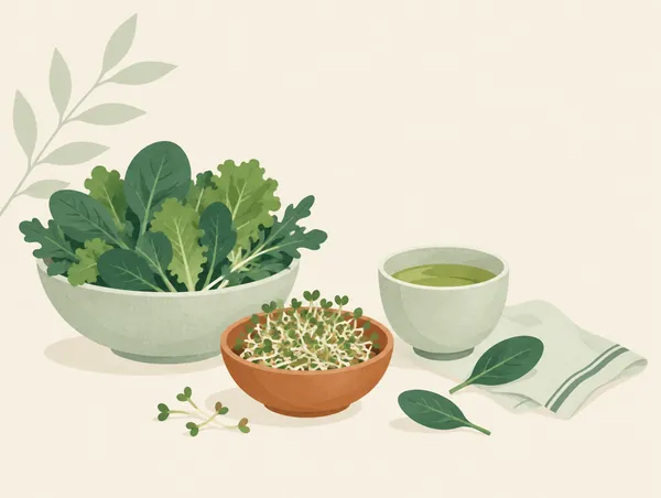 Illustration: Fresh spring greens, sprouts and a small bowl of green tea