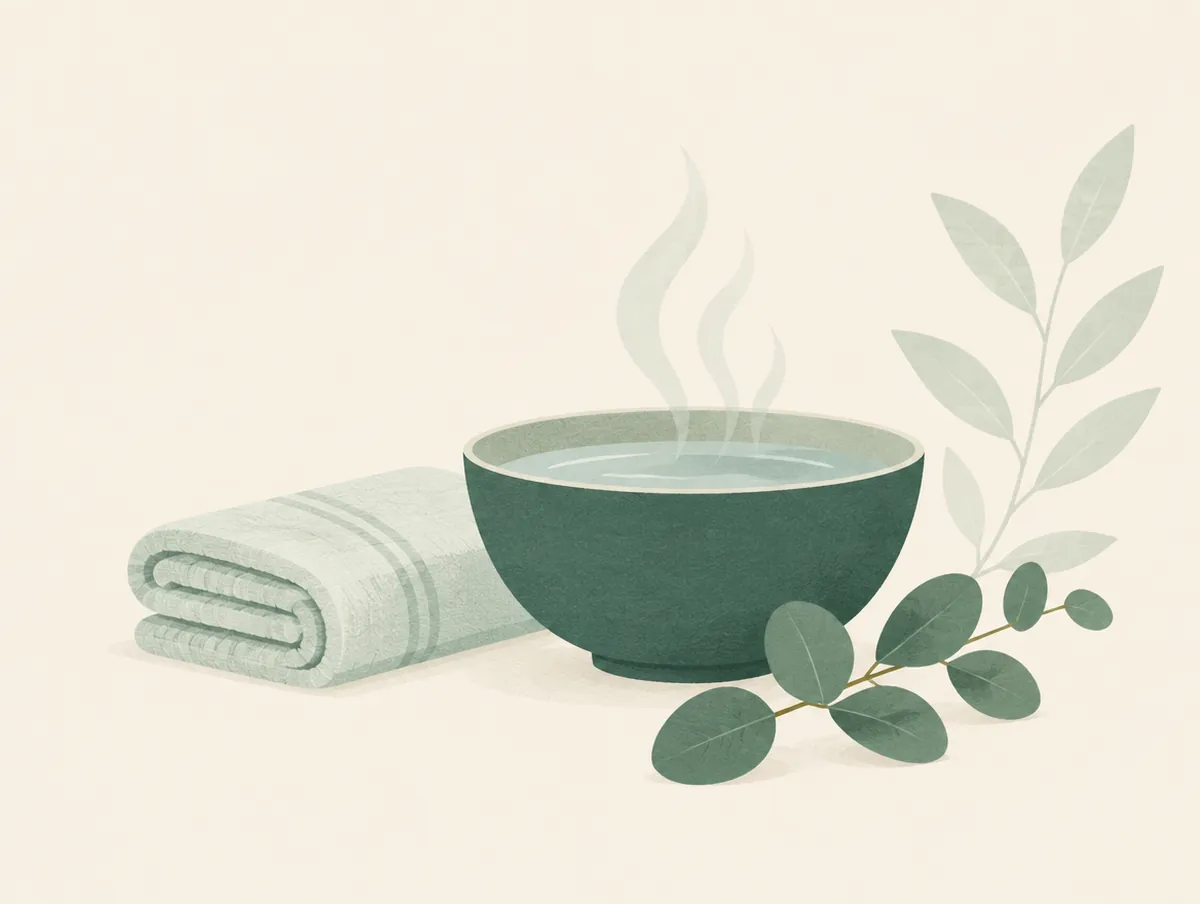 Illustration: A steaming bowl with a towel folded beside it and eucalyptus leaves
