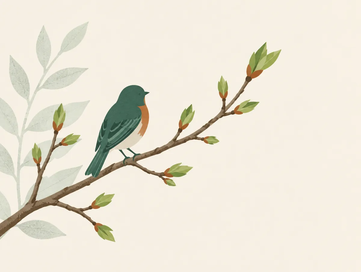 Illustration: A spring branch with new green buds and a small bird
