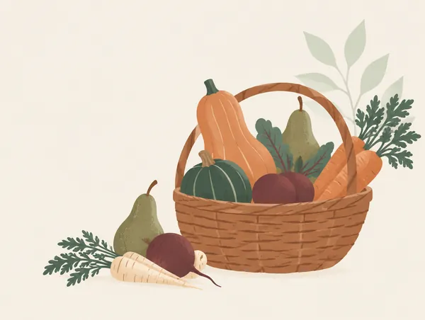 Illustration: A basket of autumn vegetables: squash, pears and root vegetables