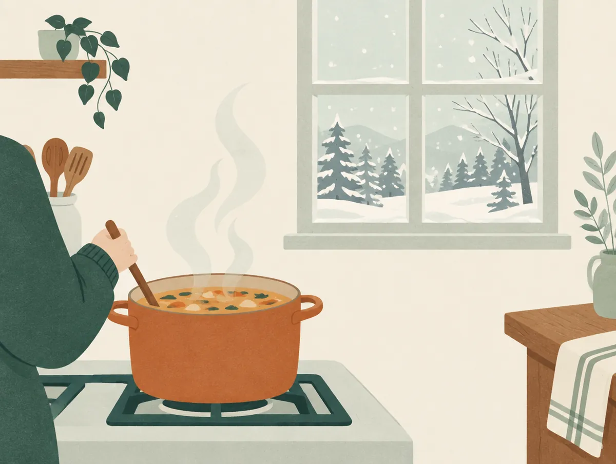 Illustration: A pot of warm soup on a stove with a winter window behind it