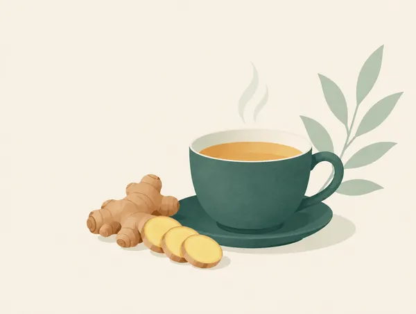 Illustration: A cup of ginger tea with slices of fresh ginger