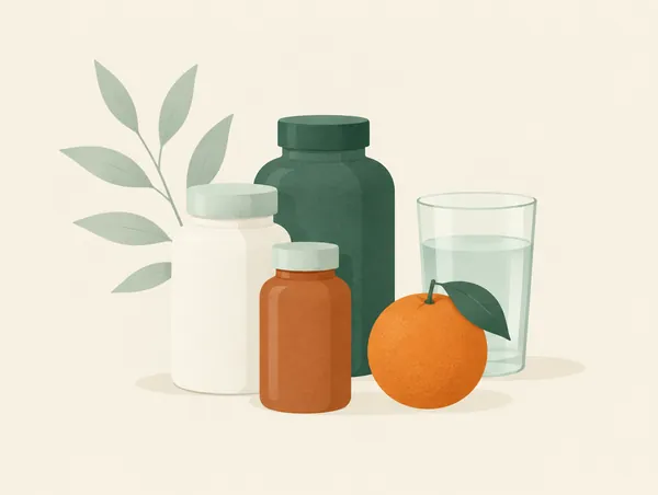 Illustration: A few plain unlabelled supplement bottles beside an orange and a glass of water