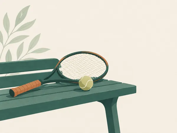 Illustration: A tennis racket and a tennis ball resting on a bench