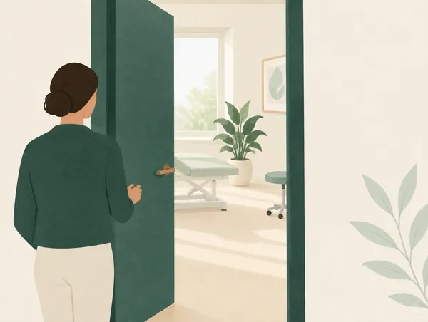 Illustration: A calm open door into a bright treatment room with a plant