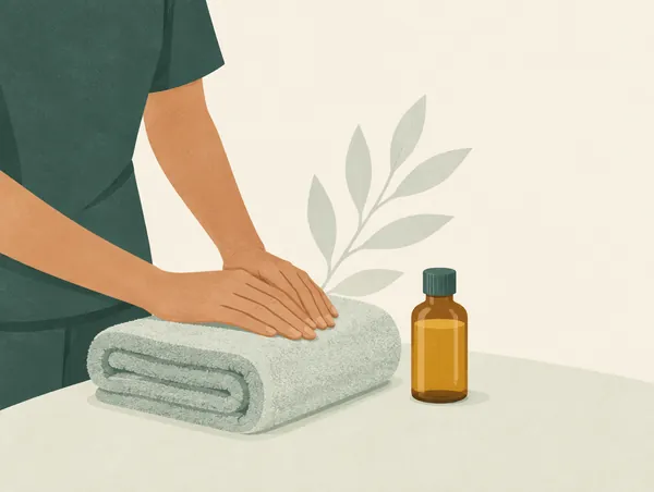 Illustration: A practitioner's hands resting on a folded towel beside a small bottle of massage oil
