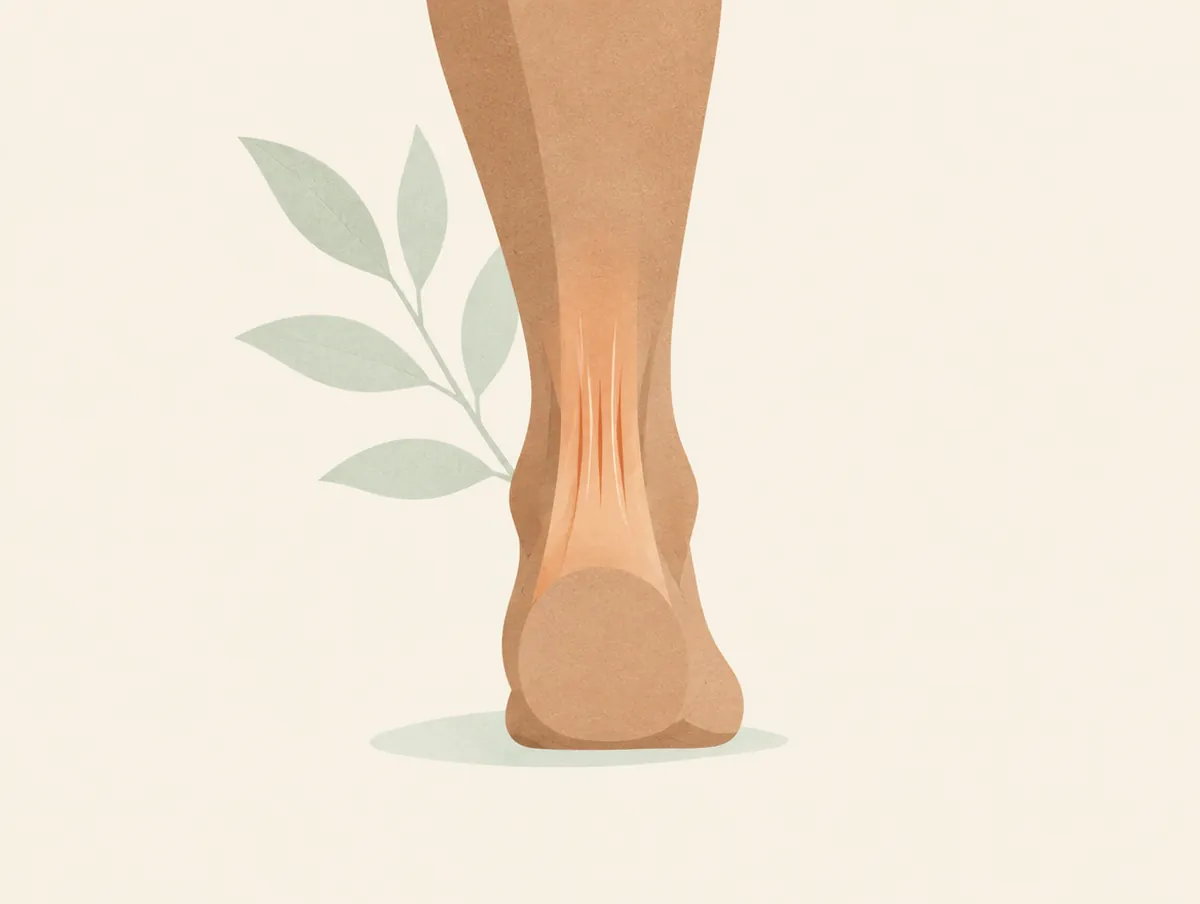 Illustration: The lower leg and heel seen from behind, the Achilles tendon area gently highlighted