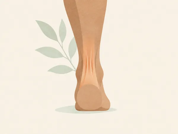 Illustration: The lower leg and heel seen from behind, the Achilles tendon area gently highlighted