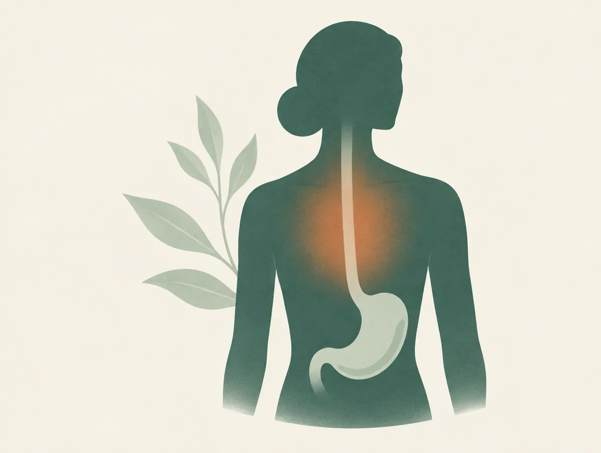 Illustration: A simple torso outline with the stomach and food pipe softly indicated, a warm clay glow at the chest