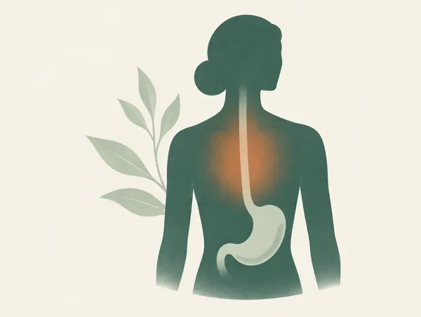 Illustration: A simple torso outline with the stomach and food pipe softly indicated, a warm clay glow at the chest