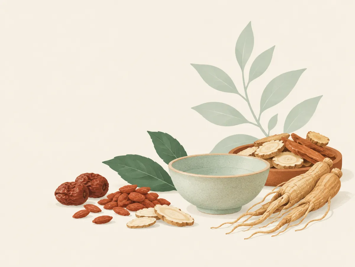 Illustration: A calm arrangement of dried Chinese herbs, a small ceramic bowl and green leaves
