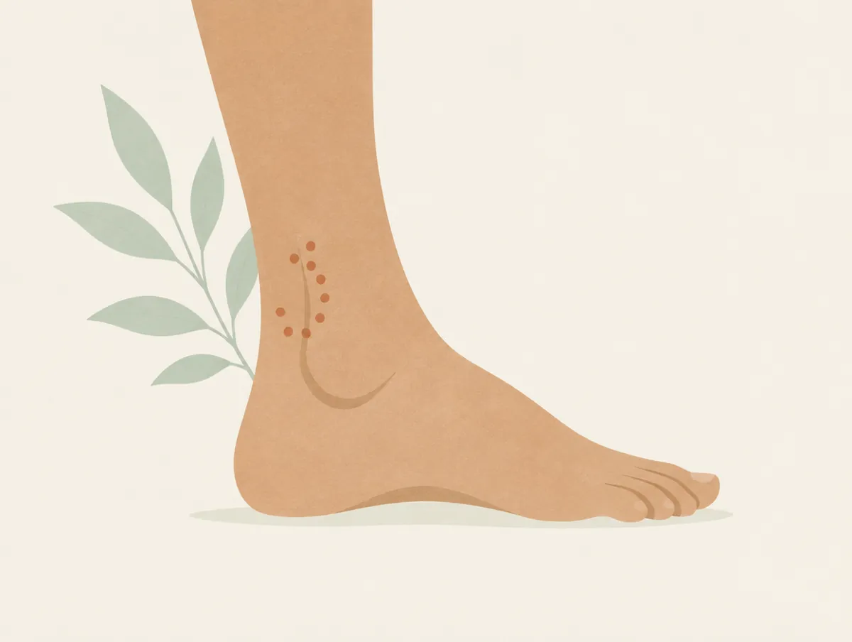 Illustration: An ankle and foot in side view, the outer ankle gently highlighted with small clay dots