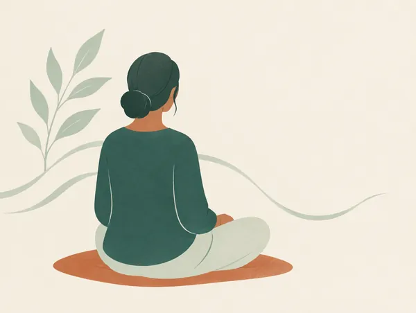 Illustration: A person seated calmly, seen from behind, hands resting in the lap, soft flowing lines around them